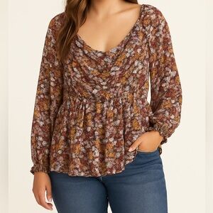 Floral Peasant Blouse Womens XXL Cottage Top Long Sleeve Bohemian smocked Cuffs